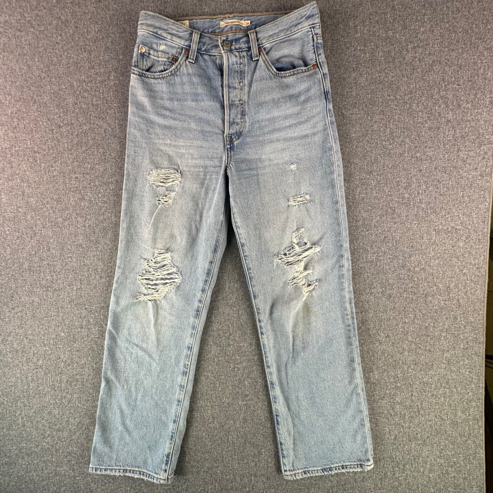 Levi's Jeans Womens 28 Ribcage Straight Ankle Light Wash Distressed Button Fly